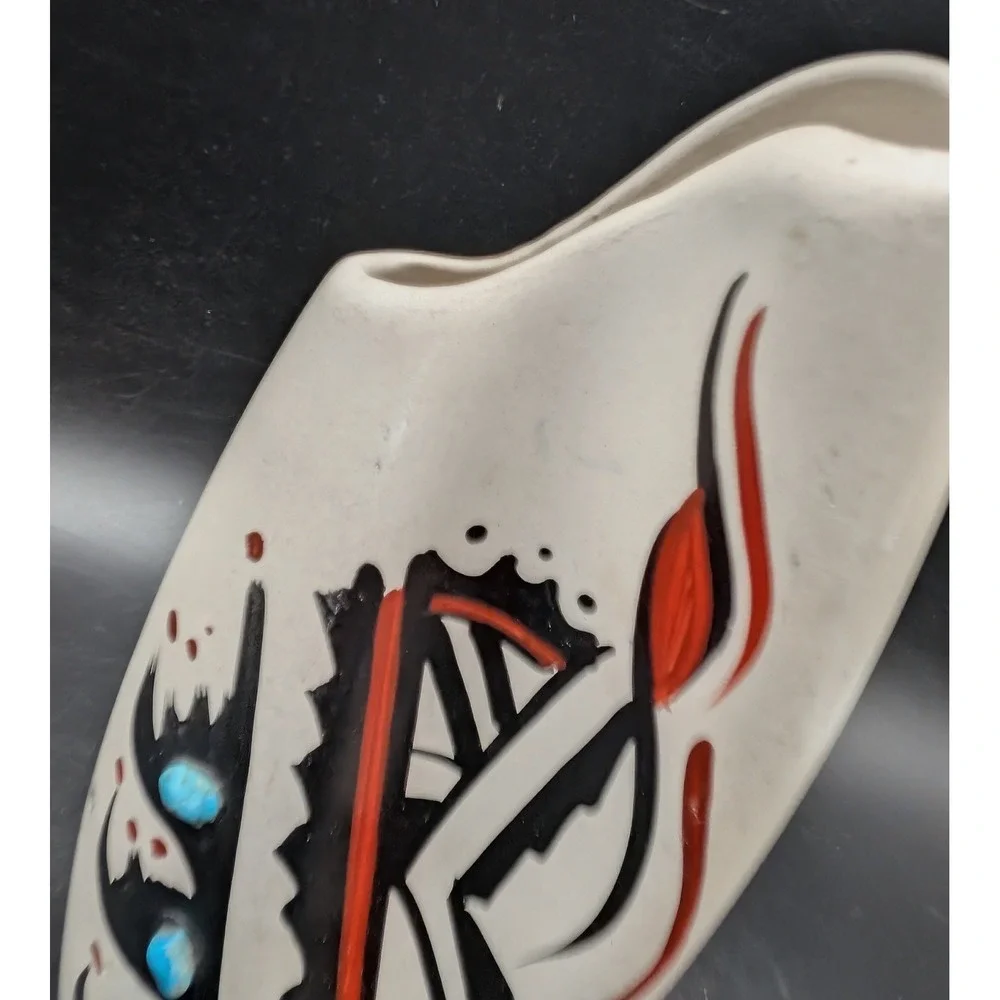 Signed Southwest Ceramic Art Pottery Vase Turquoise Accents White Black 8